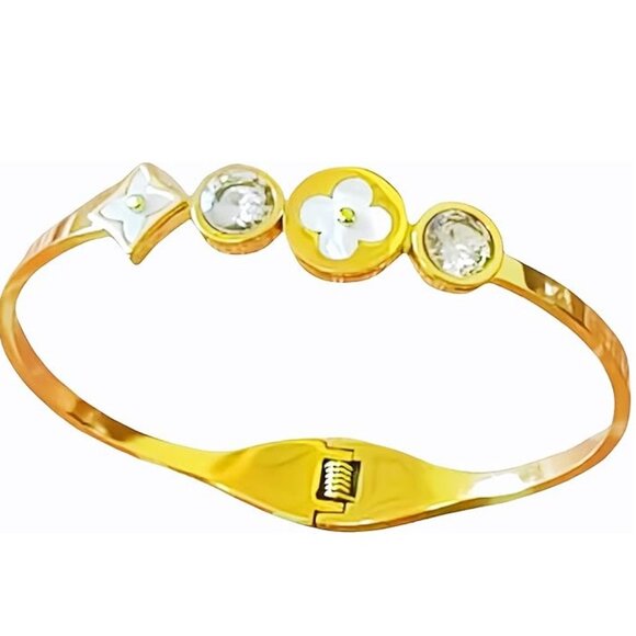 Gold Plated Stainless Steel Flower and Star Bangle Bracelet - Picture 2 of 5